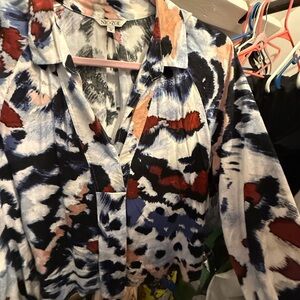 NIC+ZOE Abstract Multicolor Button-Down Blouse in Blue Rust Pink Black